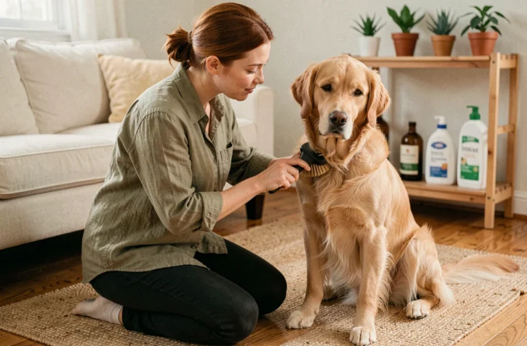 Femme qui brosse son golden retriever avec des accessoires de toilettage naturels dans un salon chaleureux