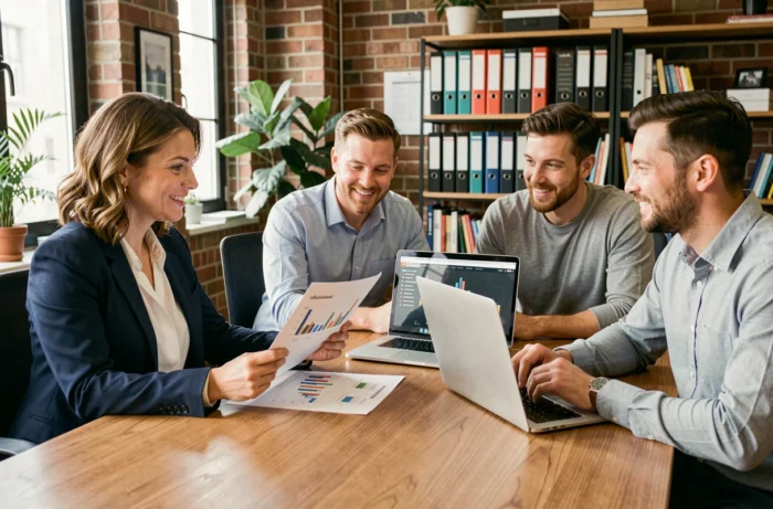 Consultante d'une agence business accompagnant deux dirigeants de PME autour de graphiques de croissance lors d'une réunion stratégique en salle de conférence