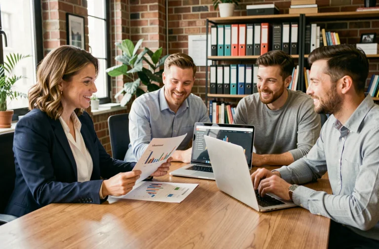 Consultante d'une agence business accompagnant deux dirigeants de PME autour de graphiques de croissance lors d'une réunion stratégique en salle de conférence