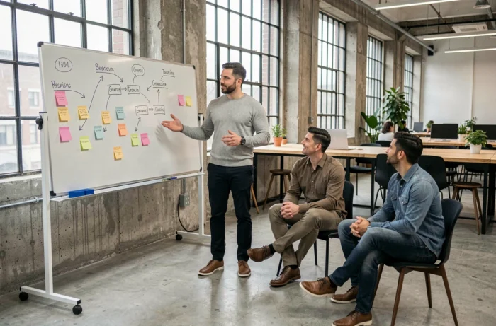 Conseiller d'une agence de développement business présentant une feuille de route de croissance sur tableau blanc à des entrepreneurs dans un espace de coworking