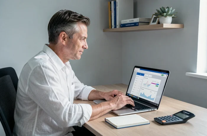 Homme consultant une application de finances personnelles sur un ordinateur portable dans un bureau minimaliste à domicile