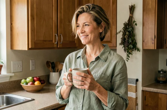 Femme souriante tenant une tasse dans une cuisine chaleureuse, bien-être et beauté au naturel au quotidien