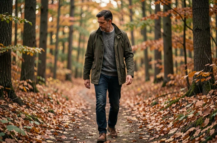 Homme marchant seul sur un chemin de forêt en automne, symbolisant le chemin vers la guérison des blessures émotionnelles et la reconstruction de soi
