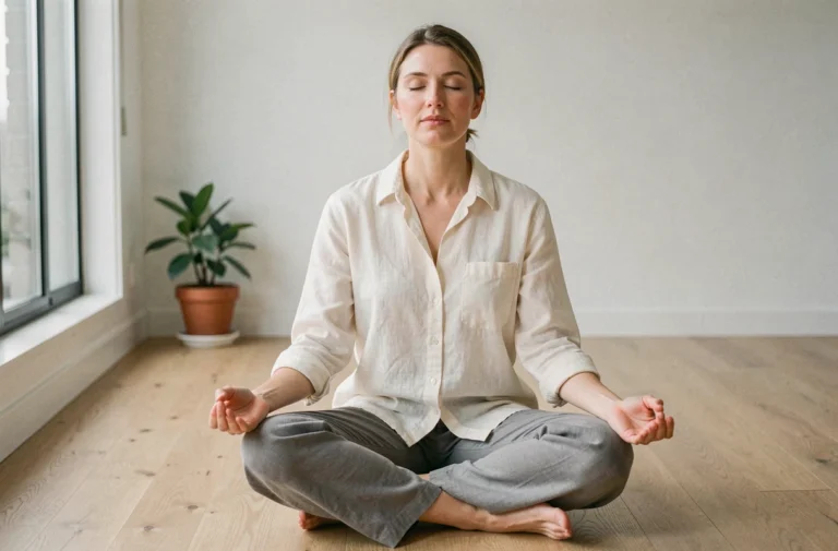 Femme en méditation sur un plancher en bois dans une pièce minimaliste, évoquant la guérison intérieure et le rééquilibrage émotionnel