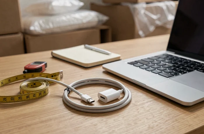 Gros plan d'un chargeur USB-C et d'un câble posés sur un bureau en bois à côté d'un MacBook ouvert avec des accessoires de déménagement