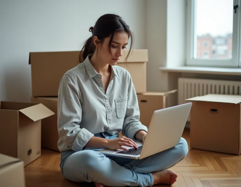 Femme branchant un chargeur USB-C sur un MacBook entourée de cartons de déménagement dans un appartement vide