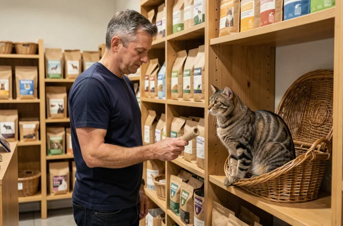 Homme choisissant des jouets et accessoires naturels pour chat dans une animalerie spécialisée