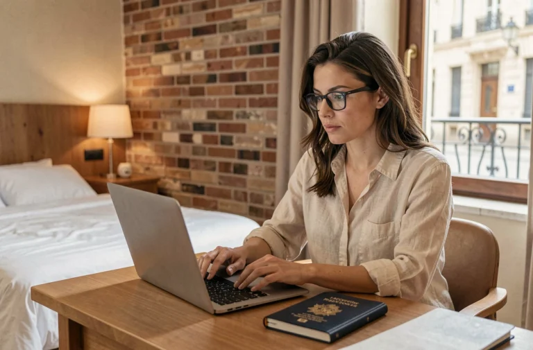 Femme consultant des hébergements sur un ordinateur portable dans une chambre d'hôtel cosy avec carnet de voyage et passeport