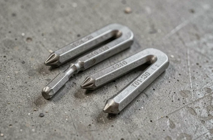 Gros plan sur plusieurs clés Torx de tailles différentes posées sur une surface en béton gris texturé