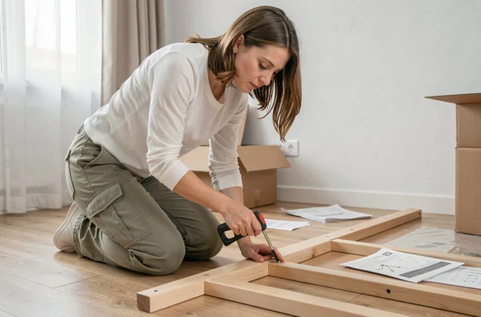 Femme utilisant une clé Torx en T pour assembler un meuble en kit sur le parquet d'un salon moderne