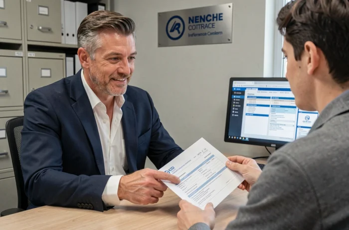 Conseiller en assurance expliquant une offre adaptée à un client dans un bureau professionnel