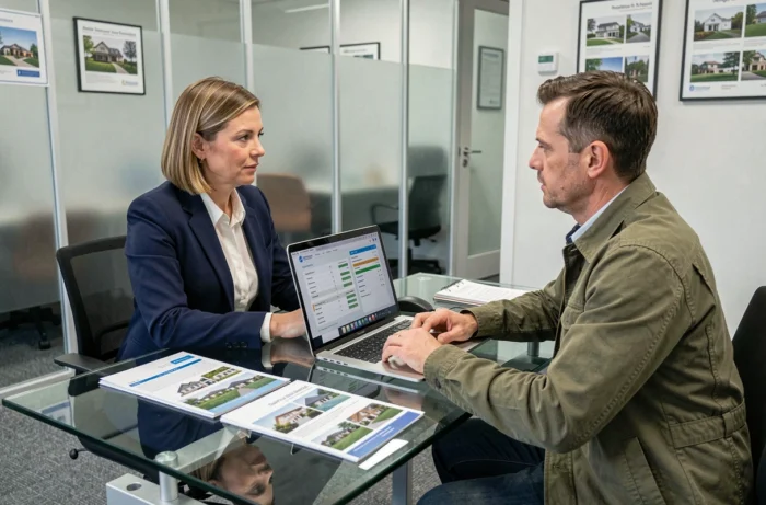 Conseillère bancaire présentant des offres de crédit immobilier à un client dans une agence professionnelle