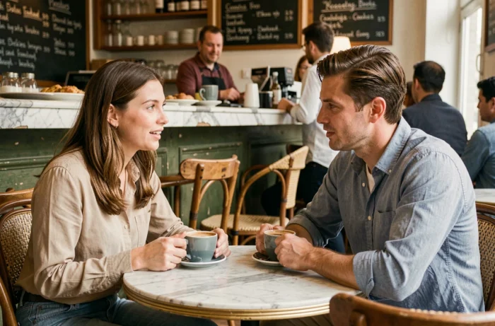 Couple échangeant dans un café parisien, représentant la complicité et le soutien mutuel entre une personnalité publique et son mari