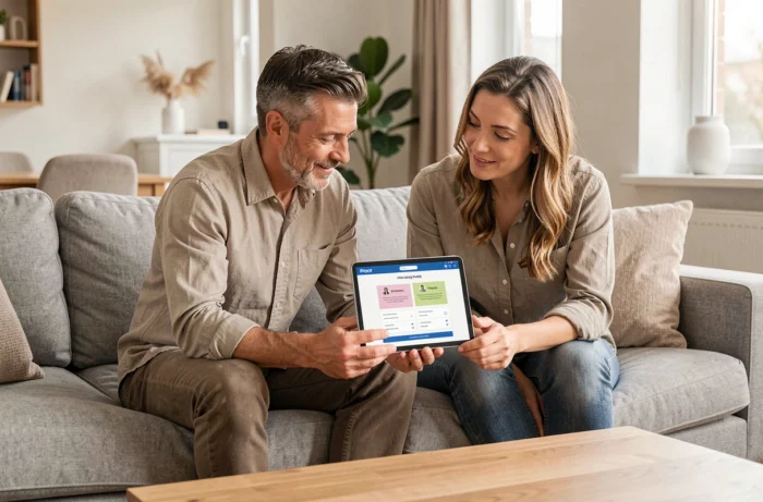 Couple consultant un comparateur d'assurances sur une tablette dans leur salon moderne