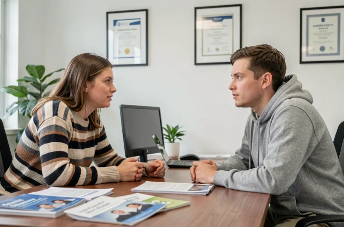 Jeune couple en rendez-vous avec un conseiller en assurance auto dans une agence professionnelle