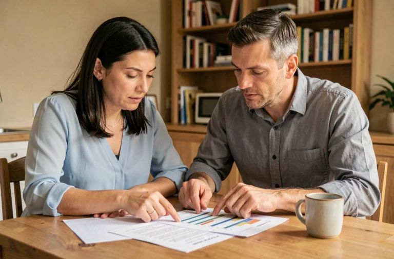 Couple examinant des documents de prêt immobilier à une table en bois dans un appartement moderne