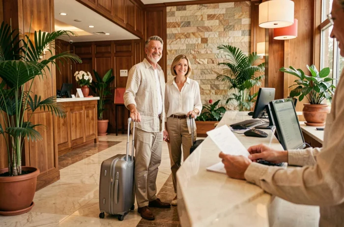 Couple en train de s'enregistrer à la réception d'un hôtel boutique avec valises lors d'un voyage