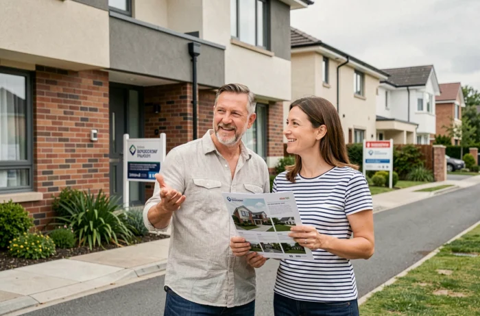Couple visitant une maison à vendre lors d'une recherche immobilière dans un quartier résidentiel