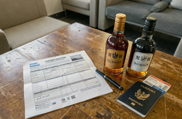 Déclaration douanière, passeport et bouteilles de rhum mauricien posés sur une table avant le contrôle à la frontière