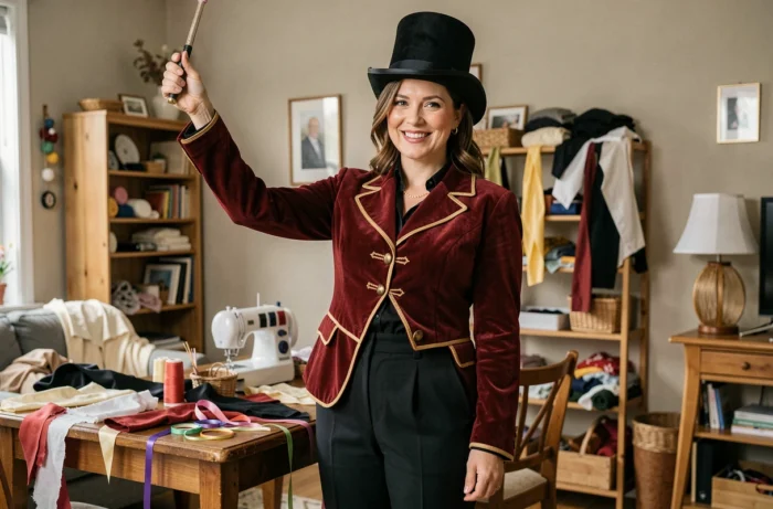 Femme adulte en costume de chef de piste fait maison avec veste rouge et haut-de-forme noir dans un salon aménagé en atelier de couture