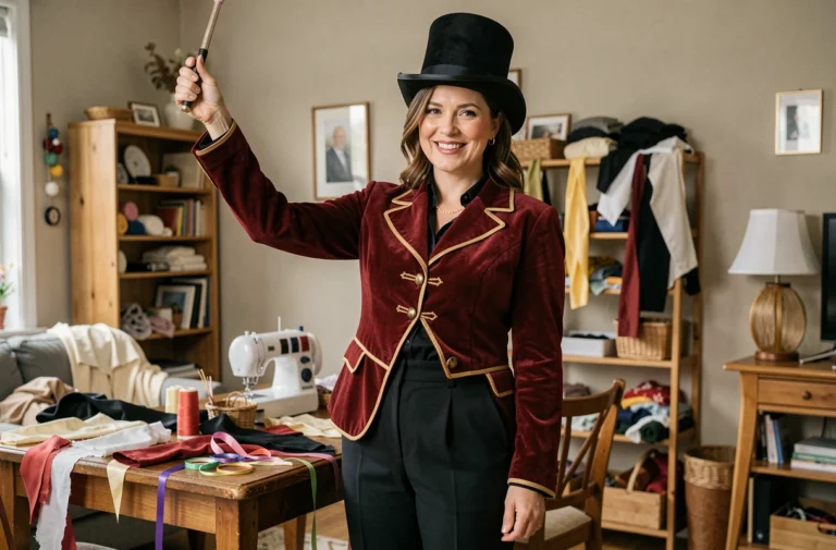 Femme adulte en costume de chef de piste fait maison avec veste rouge et haut-de-forme noir dans un salon aménagé en atelier de couture