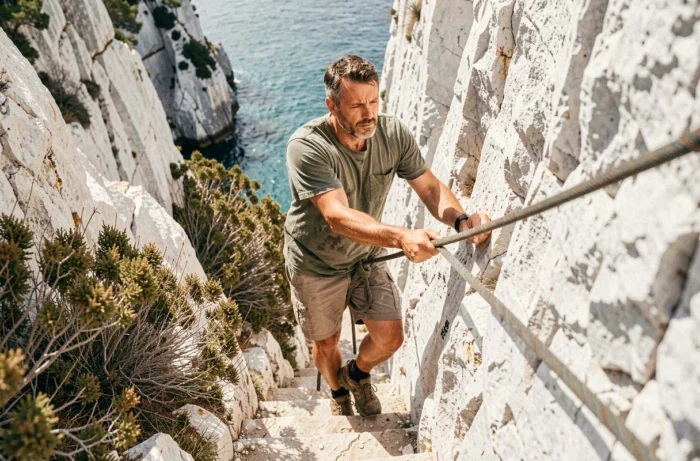 Homme descendant prudemment les rochers escarpés pour accéder à la plage des Trois Pointes à Bonifacio