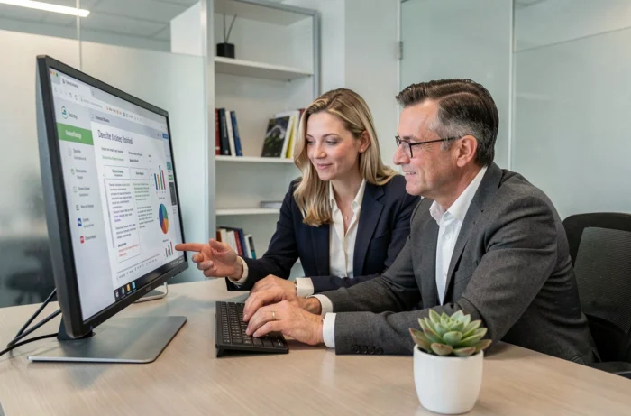 Deux dirigeants de PME étudiant une proposition de développement commercial sur écran avec l'accompagnement d'une agence business spécialisée