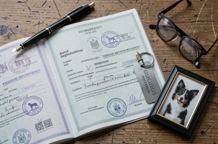 Documents officiels de pedigree canin, certificat d'inscription et plaque d'identification sur un bureau en chêne rustique