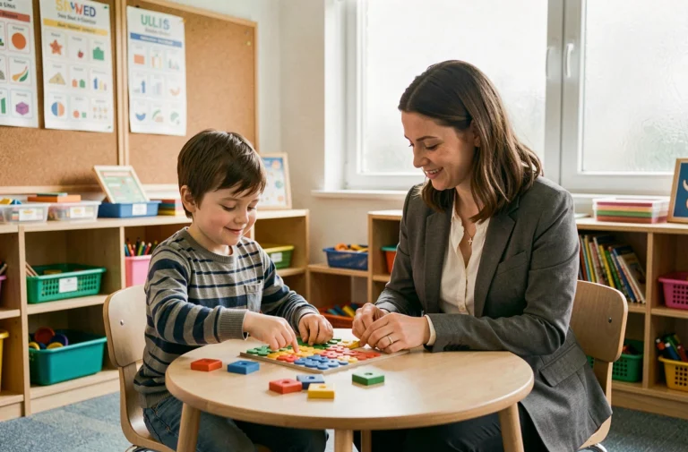 Élève autiste travaillant avec une auxiliaire spécialisée dans une salle ULIS équipée de supports pédagogiques adaptés