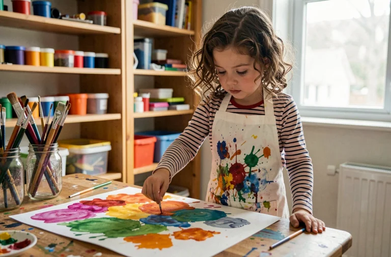 Jeune fille concentrée faisant de la peinture aquarelle dans un atelier artistique coloré, loisir créatif adapté aux enfants