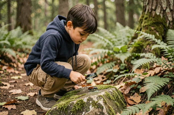 Garçon explorant la nature avec une loupe sur un sentier forestier, activité de découverte scientifique pour enfants curieux