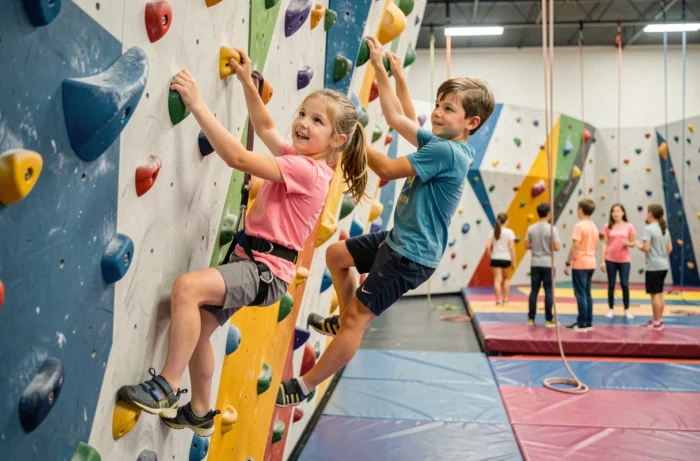 Deux enfants pratiquant l'escalade sur un mur coloré dans une salle de sport jeunesse, activité physique ludique et adaptée