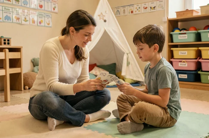 Enseignante ULIS utilisant des pictogrammes dans une salle ressource pour accompagner un élève autiste