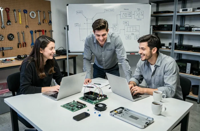 Équipe de jeunes professionnels travaillant sur des prototypes technologiques dans un laboratoire d'innovation, incarnant les dernières tendances tech