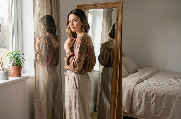 Femme essayant des vêtements commandés sur Noracora devant un miroir pour évaluer la coupe et la qualité