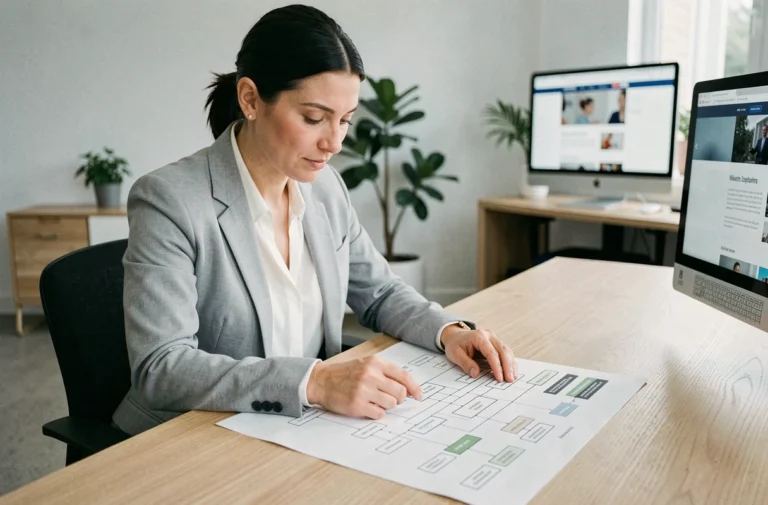 Femme professionnelle analysant un plan de sitemap imprimé sur un bureau en bois dans un bureau moderne
