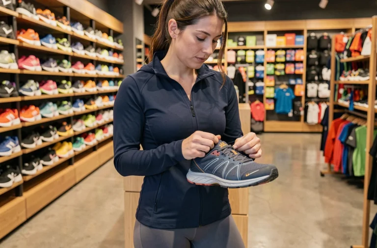 Femme choisissant des chaussures de trail dans un magasin de sport français moderne