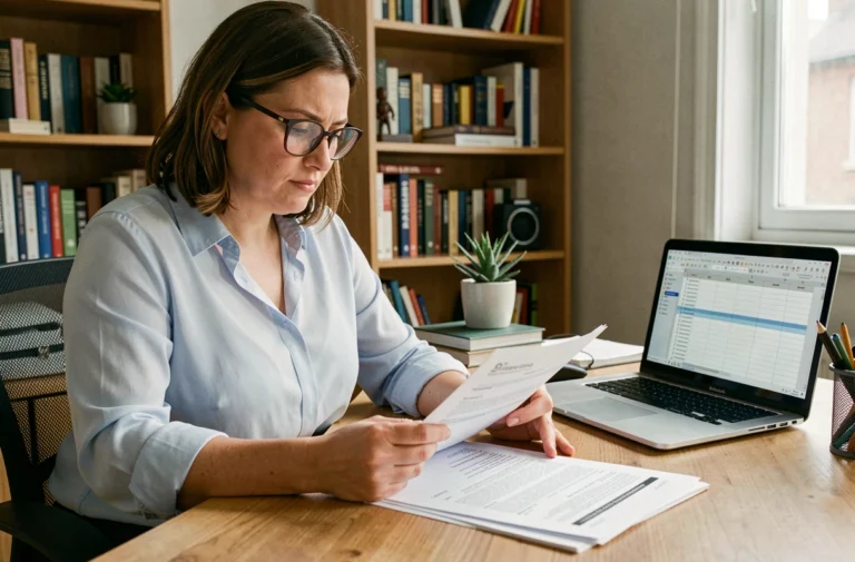 Femme comparant des offres d'assurance sur des documents imprimés à son bureau à domicile