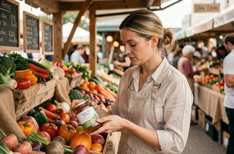 Femme lisant l'étiquette d'un pot de miel bio sur un marché de producteurs locaux