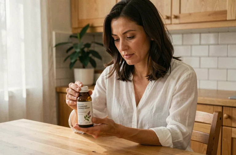 Femme lisant attentivement l'étiquette d'un remède à base de plantes Argel 7 dans une cuisine moderne
