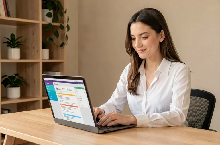 Jeune femme créant une lettre de motivation sur Canva depuis son bureau à domicile