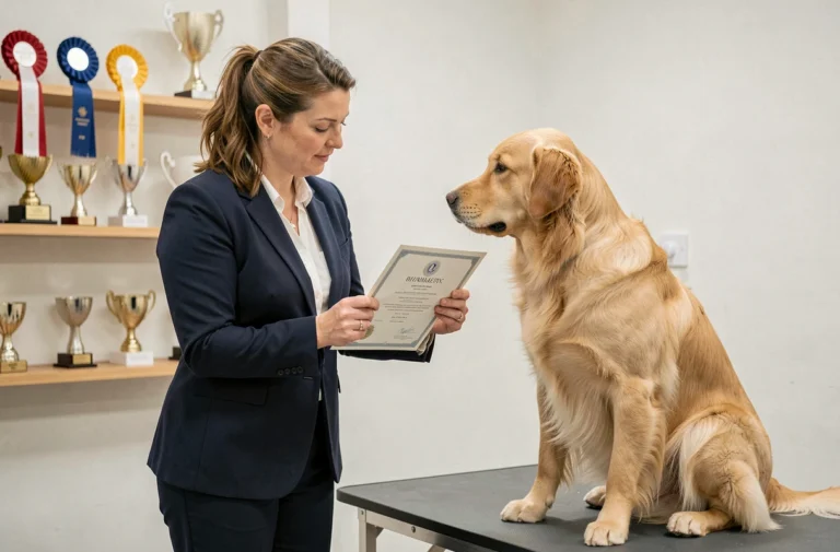 Femme examinant un certificat de pedigree officiel à côté d'un Golden Retriever de pure race dans un chenil professionnel