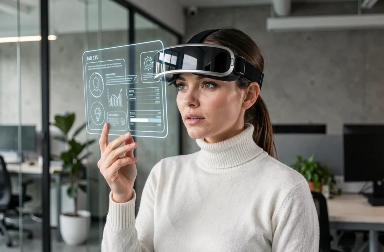 Femme portant un casque de réalité augmentée dans un bureau technologique moderne, illustrant les innovations AR en entreprise