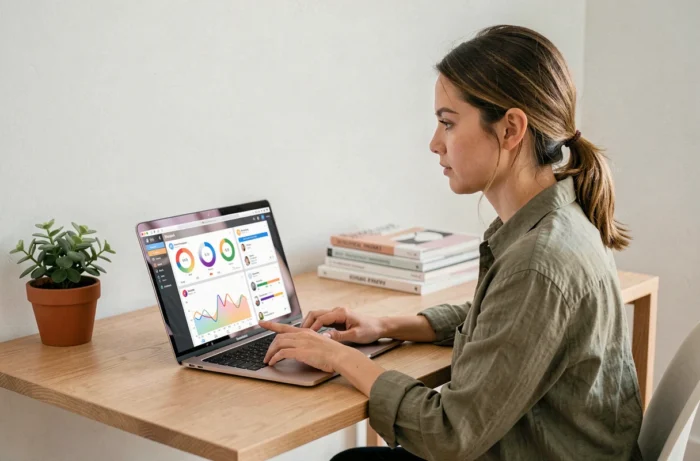 Femme analysant les tendances numériques 2025 sur un ordinateur portable dans un bureau moderne et épuré