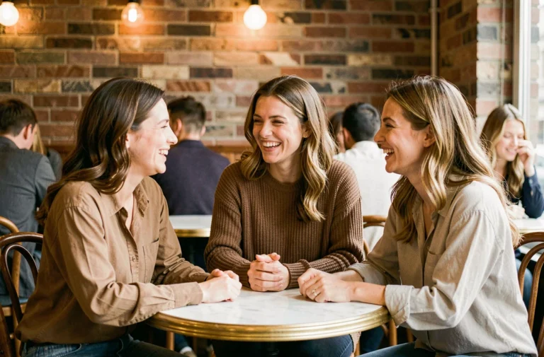 Trois femmes riant ensemble dans un café parisien, illustrant une conversation légère et bienveillante sur la diversité des corps féminins