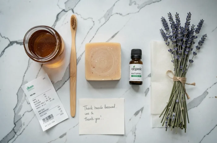 Flat lay de produits naturels et biologiques commandés en ligne incluant savon artisanal, miel brut, brosse à dents bambou et huile essentielle sur fond marbre blanc