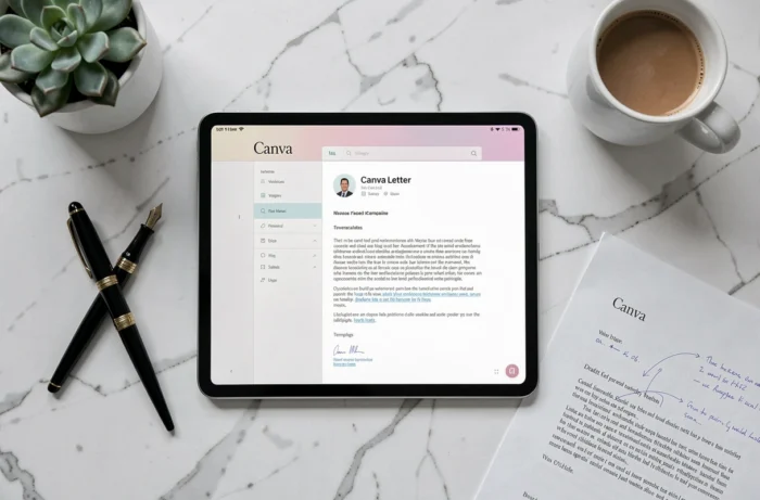 Vue aérienne d'une tablette affichant un modèle de lettre de motivation sur Canva avec des accessoires de bureau