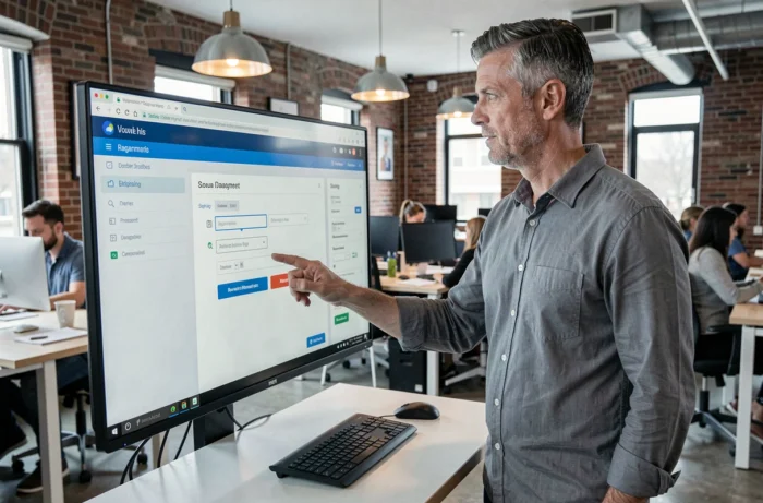 Entrepreneur utilisant un écran tactile pour gérer des formulaires administratifs numériques dans un espace de coworking