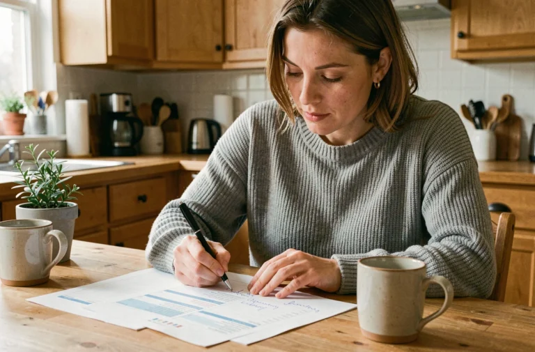 Femme gérant son budget personnel avec des feuilles de calcul et des notes manuscrites sur une table en bois dans une cuisine chaleureuse