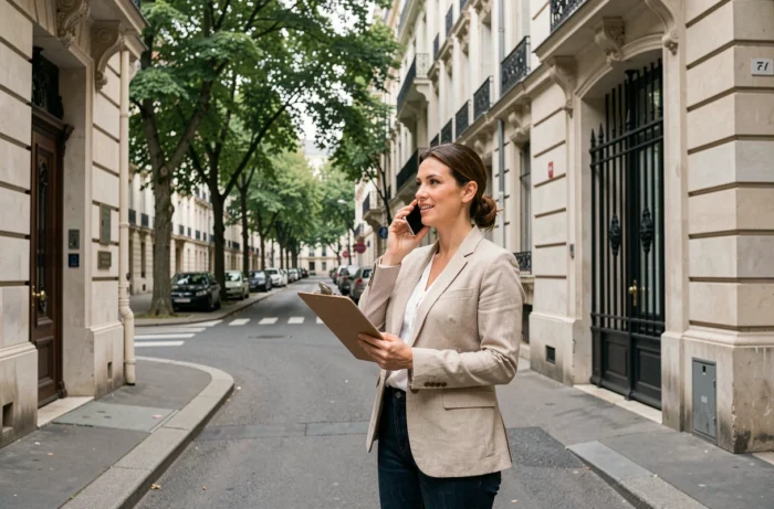 Gestionnaire immobilière devant plusieurs immeubles résidentiels dans une rue urbaine française